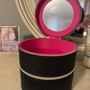 Lancome Black and Pink Round Jewelry or makeup Case